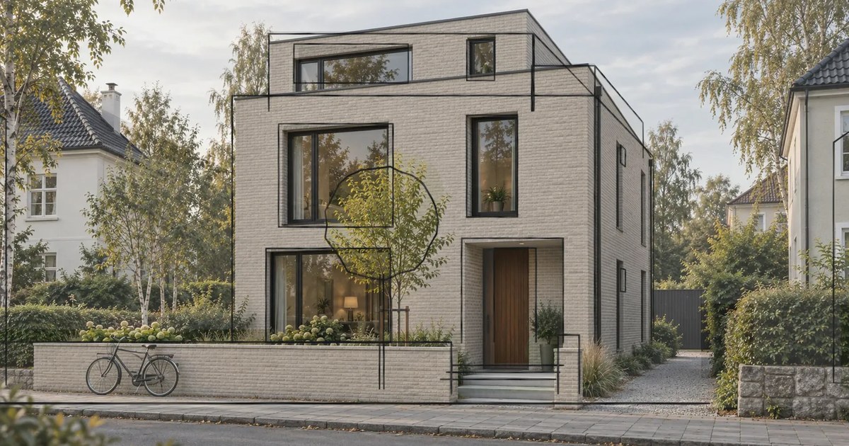 Et nytt murhus med tegnede linjer over fasaden