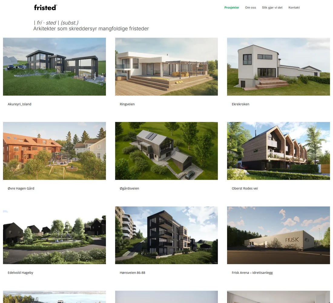 Skjermbilde fra Fristed Arkitekter – prosjektene