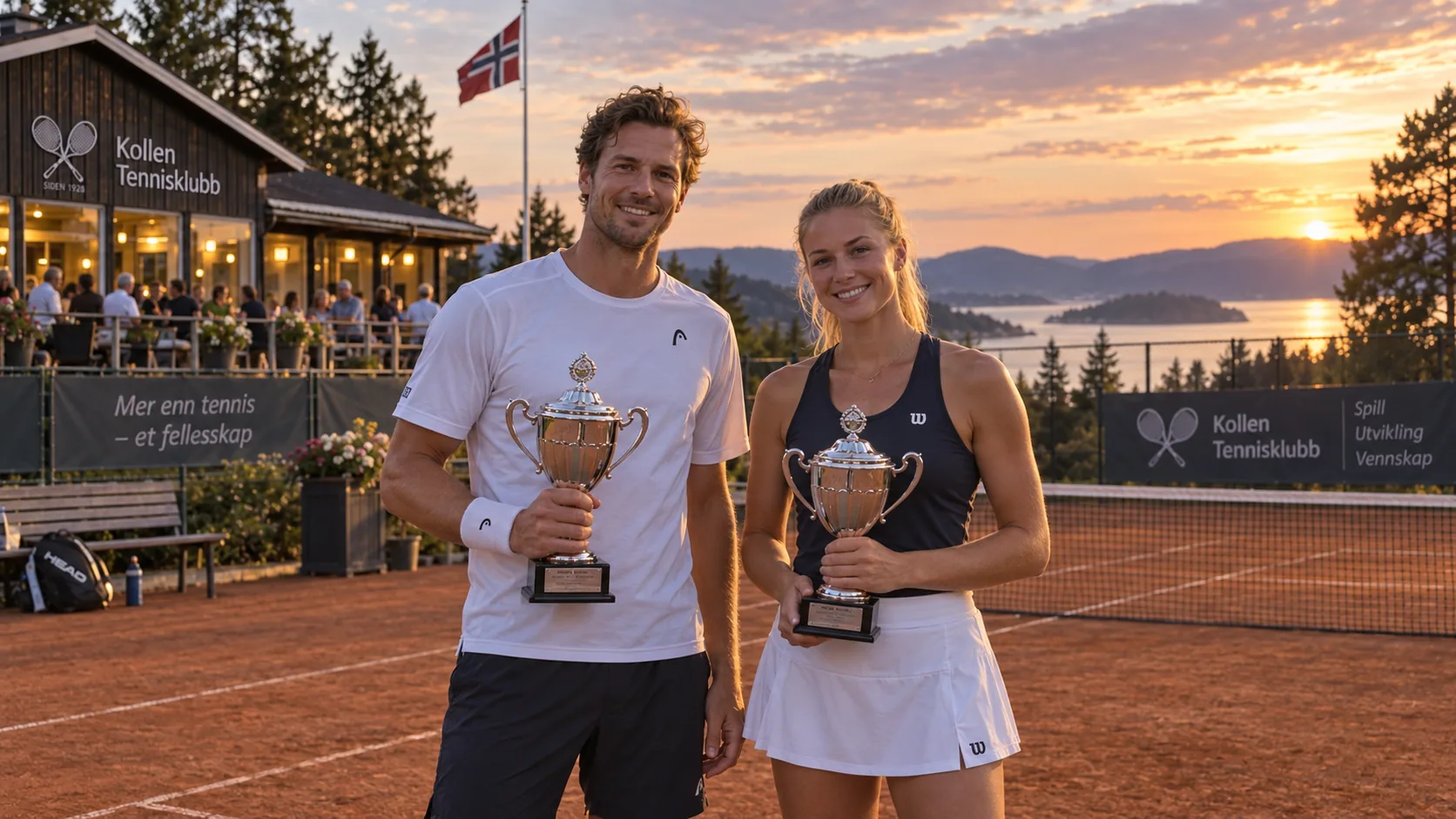 To tennisspillere med pokaler på en grusbane i solnedgang