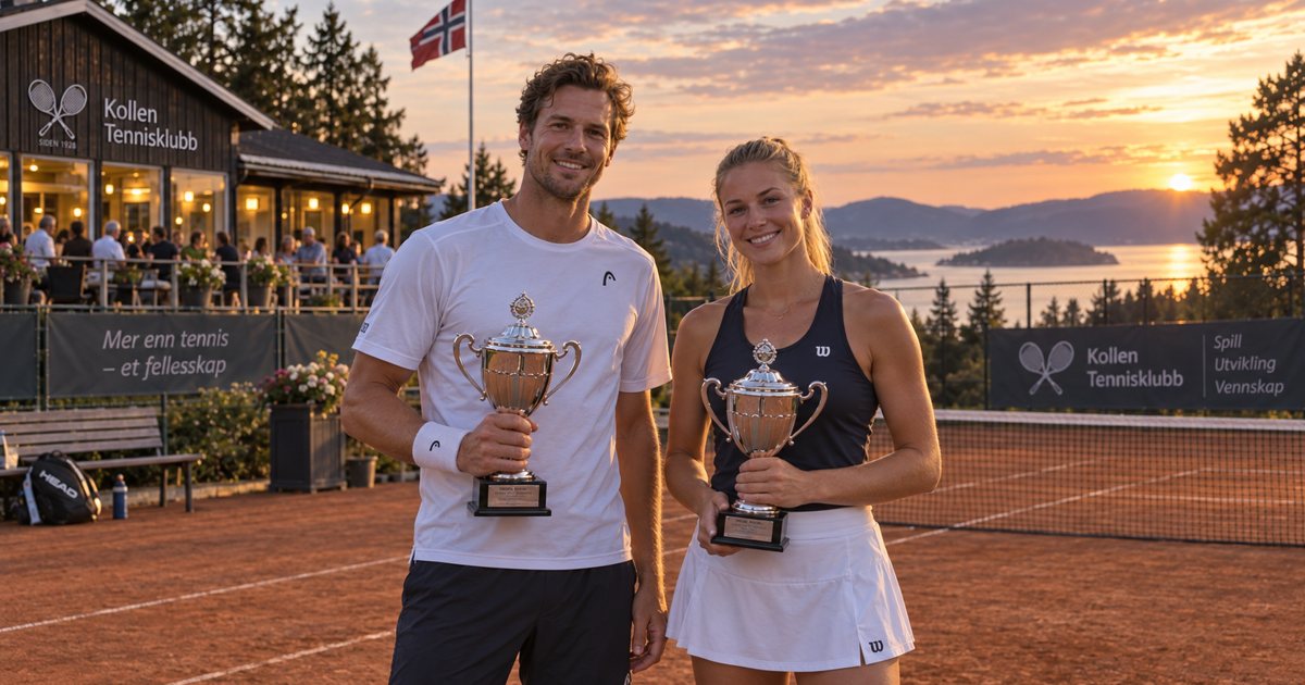 To tennisspillere med pokaler foran klubbhuset i solnedgang